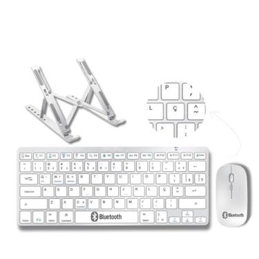 Imagem de Kit Combo Suporte de Metal Teclado e Mouse Sem Fio Ultra Fino Bluetooth Para Tablet Celular Notebook MacBook Android Com Tecla "Ç" Tecla “COMMAND” Padrão ABNT2 Layout Nacional Brasileiro - EzLife®