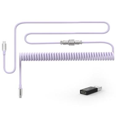 Imagem de ATTACK SHARK C04-C Cabo USB C enrolado para teclado mecânico com adaptador USB para USB C, tipo C para tipo C, cabo de carregamento de mola de manga dupla TPU com conector de aviador de metal de 5