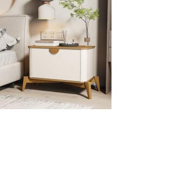 Imagem de Mesa de Cabeceira Buriti com Puxador e Pés em Madeira Maciça OffWhite/Marrom