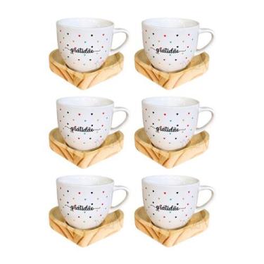Imagem de Kit 6 Xícaras Paris Gratidão C/ Pires De Madeira Coração - Porcelana A