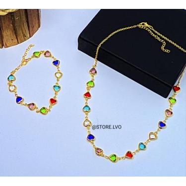 Imagem de Kit Conjunto Colar Choker e Pulseira com elos Corações Cristal Colorid