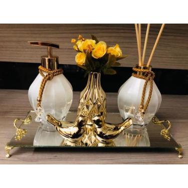 Imagem de Kit Lavabo Dourado Branco 6 Peças Difusor Sabonete Bandeja - Ateliê Cr