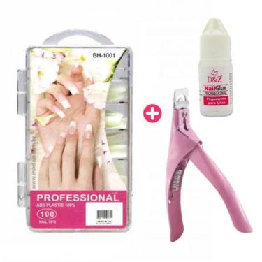 Imagem de Kit unha postiça tips quadrada + alicate e cola helen color manicure a