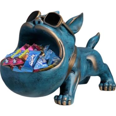 Imagem de Pug Estátua de buldogue francês tigela chave para mesa de entrada e tigela de doces para mesa de escritório mesa de centro engraçada retrô estátuas de resina azul para decoração de casa como presentes