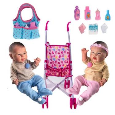 Imagem de Kit Bebê Reborn Realista Menina Menino + Bolsinha e Carrinho - Milk Br