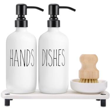 Imagem de MOMEEMO O conjunto de dispensador de sabão branco vem com bombas de aço inoxidável, bandeja de secagem instantânea e escova de lavar louça, adequado para acessórios de cozinha e decoração de fazenda.
