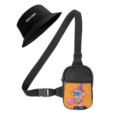 Imagem de Kit Chapeu Bucket Preto + Shoulder Bag Mini Bolsa Lateral Masculina Ma