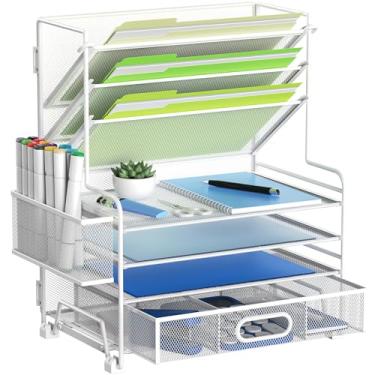 Imagem de MINDEPOT Bandeja organizadora de papel de mesa, organizador de pasta de arquivos de mesa para organização de documentos em papel tamanho carta A4 para escritório, casa, sala de aula (branco 4 + 3