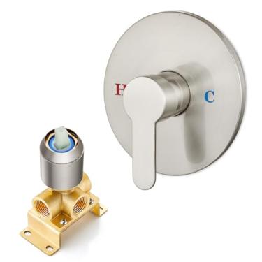 Imagem de Heyalan Misturador de válvula de chuveiro de banheiro kit de acabamento de alça única de função única montagem na parede torneira de latão chuveiro válvula áspera rosca fêmea, redondo, níquel escovado