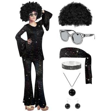 Imagem de Mukum 8 peças de fantasia de discoteca dos anos 60 e 70 para mulheres, conjunto de roupas de discoteca de Halloween com óculos de sol, colar e brinco para carnaval, festa de dança de Halloween, preto,