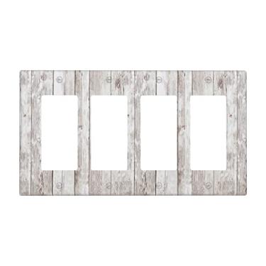 Imagem de Capa de interruptor de luz basculante de madeira branca cinza 4 Gang Quadriciclo Decorador Placas de Tomada, Placa de Parede Decorativa de Grão de Madeira Rústica, 11 x 20 cm