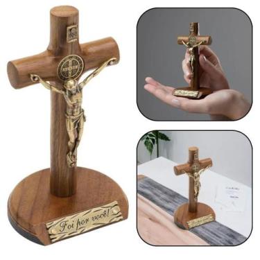 Imagem de Crucifixo de parede e mesa madeira cilíndrico são bento dourado 17 cm 