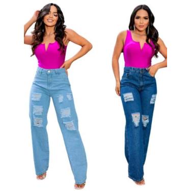 Imagem de Calça Wide leg jeans feminina com rasgos cintura alta  - donna de paul