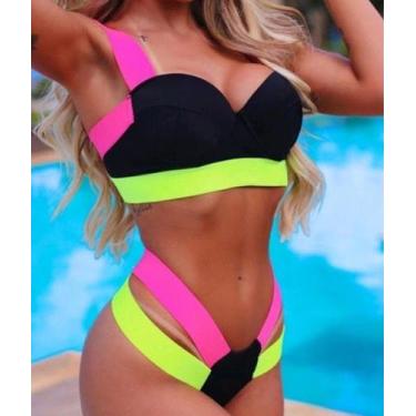 Imagem de  Biquíni Neon Bloco De Cores Elegance Neon Duas Tiras Moda Praia - M &