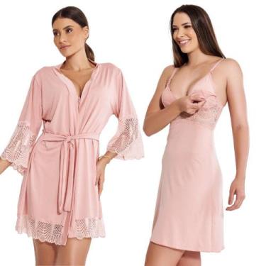 Imagem de Kit Robe Noiva Camisola Amamentação Curta Gestante Maternidade - ALTIE