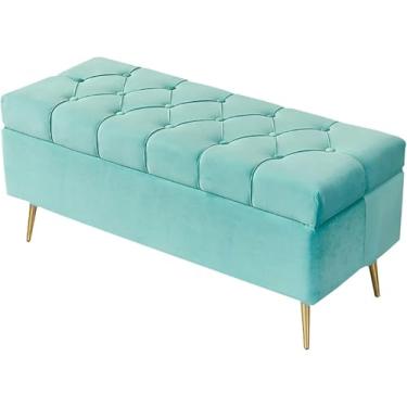 Imagem de Banco de armazenamento estofado de luxo retangular para sofá-cama moderno banco de armazenamento tufado banco de pés com pernas de metal para quarto, cáqui 80 x 40 x 45 cm (31 x 16), verde claro, 80 x