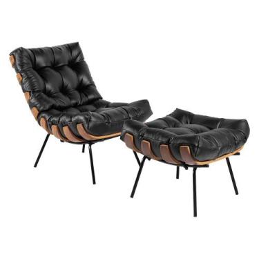 Imagem de Poltrona e Puff Decorativos Sala de Estar Costela Couro Preto G34 - Gr