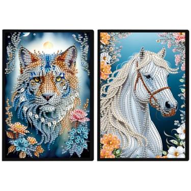Imagem de DCIDBEI Pacote com 2 cadernos de pintura de diamante DIY cavalo tigre A5 em branco diamante pintura diário caderno de desenho strass artesanato diamante arte caderno estudantes 50 folhas kits de