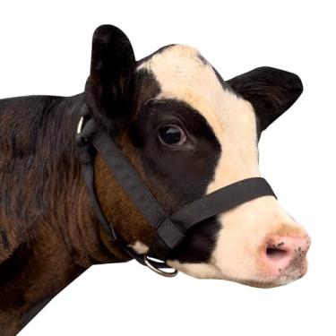 Imagem de Cabresto de vaca de nylon, cabeçote de bezerro de gado, equipado com corda de tração, comprimento ajustável para gado, adequado para gado grande e pequeno, burros, cabras, cavalos e aves (preto, G)