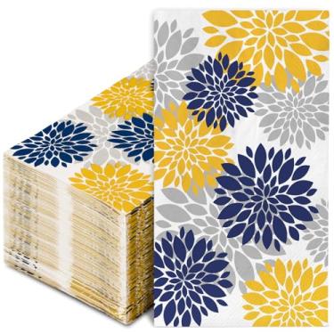 Imagem de AnyDesign Pacote com 80 guardanapos de papel dália para convidados 15,7 x 13 polegadas azul marinho amarelo prata flor guardanapos de banheiro moderno elegante toalha de mão descartável para casa