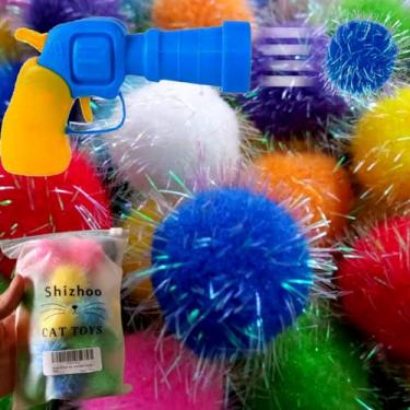 Imagem de Shizhoo 30 bolas de pompom brilhantes com bola bloster para gatos – bolas de glitter interativas, multicoloridas, tamanho de 3 cm, melhores como brinquedos de gatinho