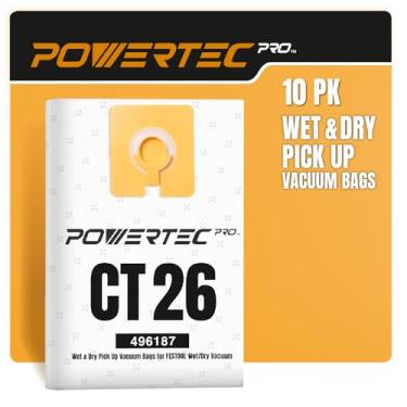 Imagem de POWERTEC PRO 496187 Sacos de vácuo premium para sujeira úmida e poeira seca, pacote com 10, para extrator de poeira Festool CT 26, sacos de filtro autolimpos, sacos de aspirador de pó de substituição,