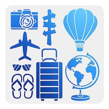 Imagem de MAYJOYDIY Estêncil de viagem com tema de viagem, estêncil, para desenho de 11,8 x 11,20 cm, câmera, porta-malas, chinelo, óculos de sol, globo, guia, padrão, pintura na parede, móveis, panos,