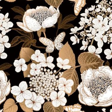 Imagem de Abyssaly Papel de parede flor preta peônia dourada para parede de destaque de quarto 45 cm x 1,000 cm