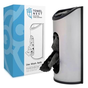 Imagem de Dispensador de pano de microfibra TowelNest | 15 panos reutilizáveis (preto) | Alternativa de toalha de papel ecológica | Absorvente e lavável | Suporte de parede/armário (adesivo 3M e parafusos