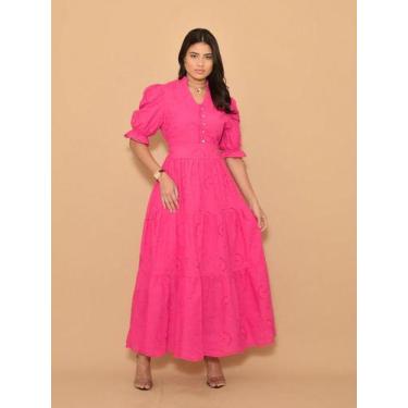 Imagem de Vestido longo luxo lese gola botão bordado algodão manga curto 0070 - 