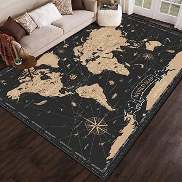 Imagem de PeeNoke Tapete de Área Mapa-múndi vintage preto dourado detalhado 1,8 x 2,7 m antiderrapante decoração de casa sala de estar quarto de crianças berçário