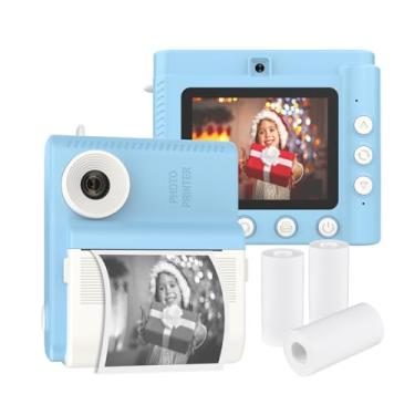 Imagem de Câmera de impressão instantânea infantil Câmera digital para crianças Câmera de vídeo digital 1080P Lente dupla Tela IPS de 2,8 polegadas Bateria embutida Molduras para fotos com 3 rolos de papel de