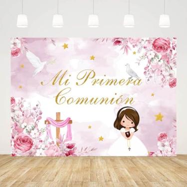 Imagem de AIBIIN 2,1 x 1,5 m Mi Primera Comunion pano de fundo para meninas batizado primeira comunhão fotografia fundo aquarela rosa pomba Deus abençoe chá de bebê recém-nascido decoração banner foto adereços