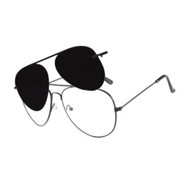 Imagem de Óculos de Grau Aviador com Clip On Solar, Armação Preta, Unissex (Preto)