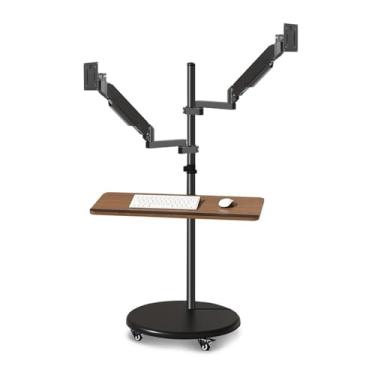 Imagem de Braço de suporte de ecrã suporte de montagem para monitor duplo com bandeja para teclado, estação de trabalho móvel com suporte de chão para monitor rodante multifuncional de 14 a 43 polegadas,