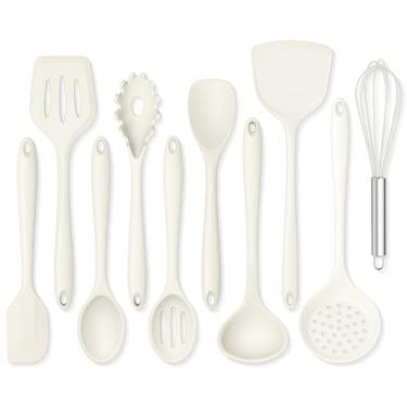 Imagem de Onader Conjunto de 10 utensílios de cozinha de cozinha, conjunto de utensílios de silicone para cozinhar, inclui espátula não tóxica, espátula, batedor de macarrão - branco