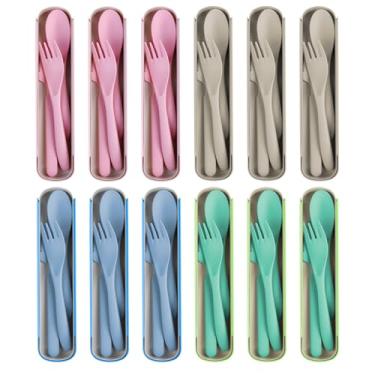 Imagem de Conjunto de 12 utensílios de viagem reutilizáveis com estojo, KUAOOAUK garfo, colher, faca, talheres, utensílios de mesa, de plástico, sem BPA, para crianças, adultos, piquenique, uso diário (rosa,