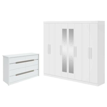 Imagem de Guarda Roupa Casal Andara Soft com Espelho e Cômoda Gaveteiro Urban Branco Brilho - Lopas