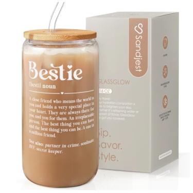 Imagem de SANDJEST Garrafa de vidro Best Friend, Besties Definition Glass Cup com tampa e canudo, lata de vidro estética de café gelado, presente para Natal, aniversário, dia das mães, presentes para mulheres