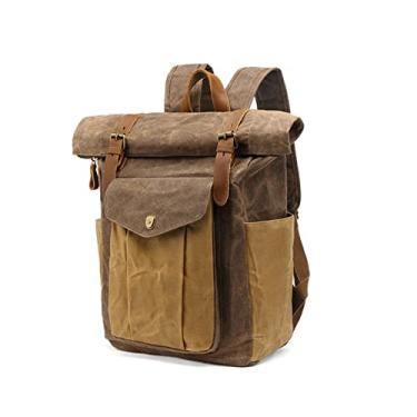 Imagem de Mochila de couro de lona vintage para homens mochila escolar de grande capacidade mochila de viagem para laptops masculinos(Coffee)