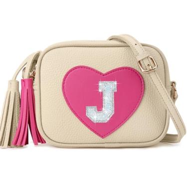 Imagem de OYLOLA Presentes de aniversário para meninas, inicial para meninas, bolsa infantil, bolsas infantis, presentes para meninas, bolsas de coração para meninas, Bege, J