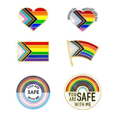 Imagem de Mintolex Conjunto de 6 peças LGBTQ+ Pride Pins Progress Pride Ally Pin Badges Botão Bandeira Rainbow Esmalte Broche You're Safe with Me Can Be Yourself Free Mom Hugs LGBT Gay Lesbian Trans Acessórios,
