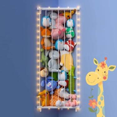 Imagem de GGUO Rede de armazenamento de animais de pelúcia de canto – suporte para animais de pelúcia com luzes – organizador de brinquedos de pelúcia pendurado com comprimento ajustável para quarto de crianças