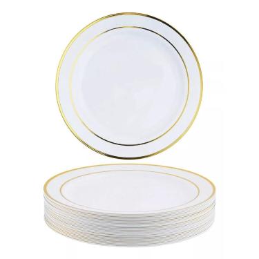 Imagem de Kit 60 Pratos Sobremesa 19Cm Descartáveis Luxo Plástico Gold