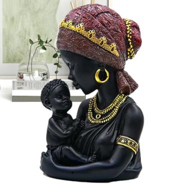 Imagem de Escultura africana para mãe e filho - Estátua de busto de arte em resina para decoração de casa, estatueta de 20 cm de altura, perfeita para prateleira de sala de estar, mesa de centro, presente