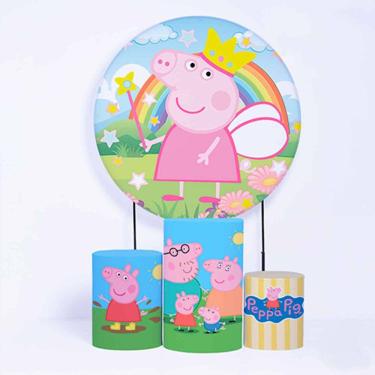 Imagem de Kit Painel de Festa Redondo de 1,50m e Trio de Cilindros Peppa Pig - Fera Print