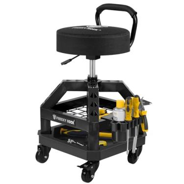 Imagem de FREEKYROCK Banco Rolling Shop com rodas, banco de mecânico de garagem resistente com encosto, cadeira giratória de 360° de altura ajustável com armazenamento de bandeja de ferramentas, capacidade de