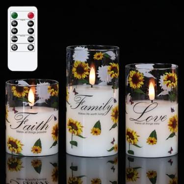 Imagem de Wondise Velas de vidro sem chama sem chama com controle remoto e temporizador, velas de LED com pavio 3D a pilhas, girassol cintilante para decoração de casa, conjunto de 3