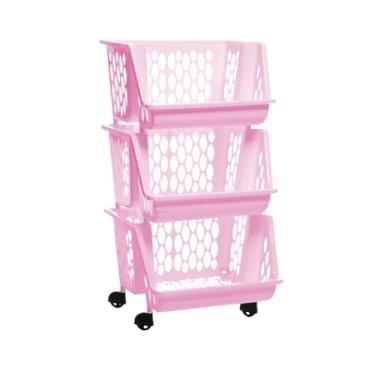 Imagem de Cesto Organizador Fruteira Empilhável 3 Andares Com Rodinhas(Rosa)