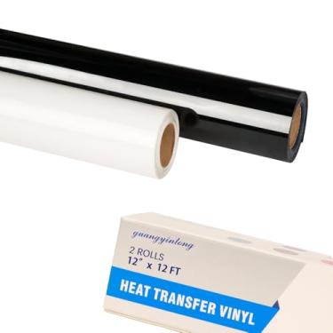 Imagem de guangyintong Rolos de vinil HTV de transferência de calor, 2 rolos de 30,5 cm x 3,7 m, preto e branco, ferro em vinil, para camisetas, superfície brilhante, vinil HTV para todas as máquinas de cortar